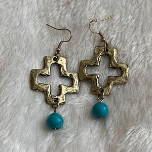 Southern Living gold cross and turquoise dangling earrings